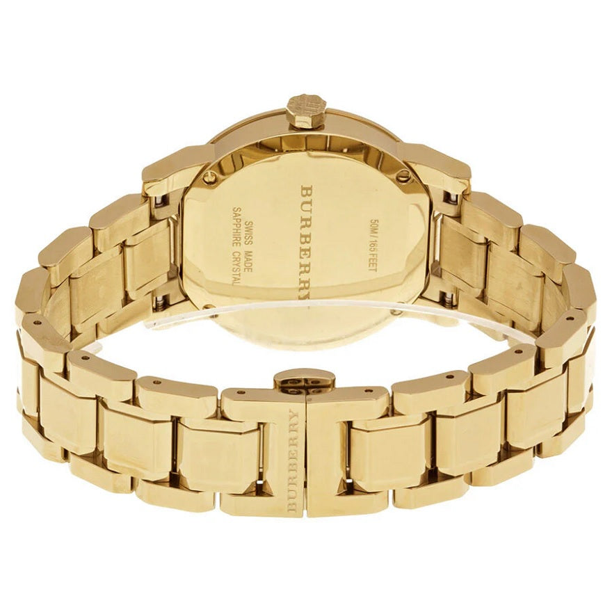 Back case of Burberry BU9134 women’s gold watch featuring stainless steel engravings