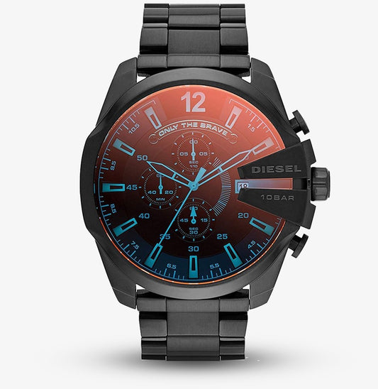 Front view of the Diesel DZ4318 Mega Chief men's watch featuring a black stainless steel case and a striking iridescent crystal dial that shifts from blue to red.