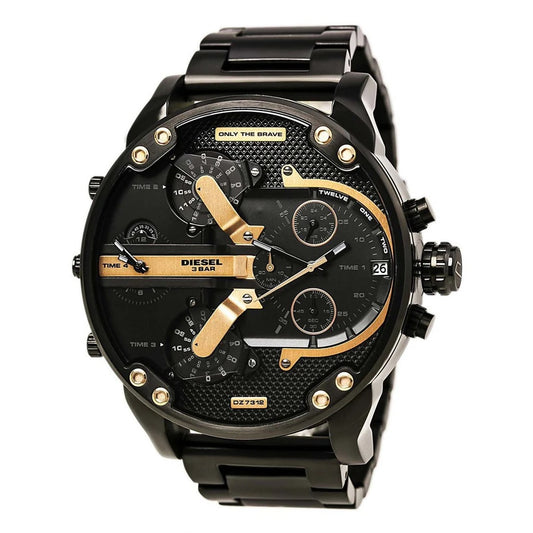 Angled view of the Diesel DZ7312 showcasing its complex multi-time zone display, black stainless steel finish, and rose gold hardware.