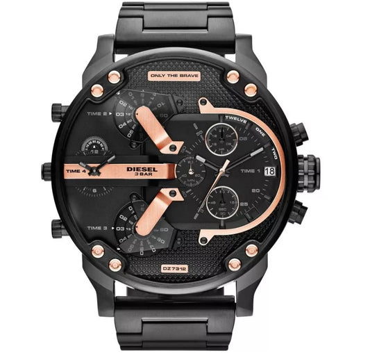 Front view of the oversized Diesel DZ7312 Mr. Daddy 2.0 men's watch featuring a black stainless steel case and a textured black dial with rose gold accents.