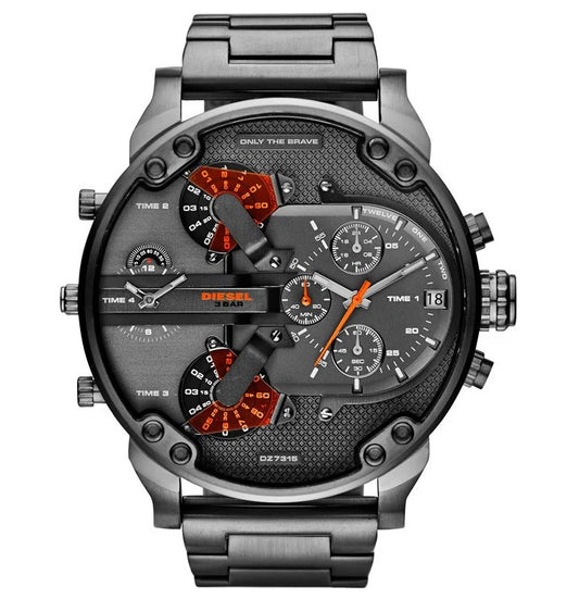 Front view of the oversized Diesel DZ7315 Mr. Daddy 2.0 men's watch featuring a gunmetal stainless steel case and a dark textured dial with bright orange accents.