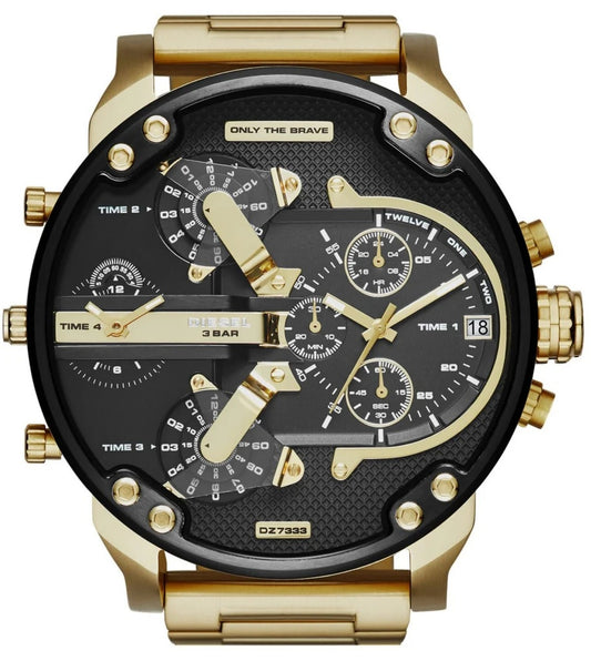 Front view of the oversized Diesel DZ7333 Mr. Daddy 2.0 men's watch featuring a black textured dial and gold-tone stainless steel case.