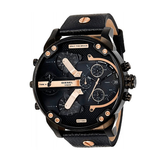 Angled view of the Diesel DZ7350 showcasing the complex multi-time zone display, rose gold hardware, and textured black leather band.