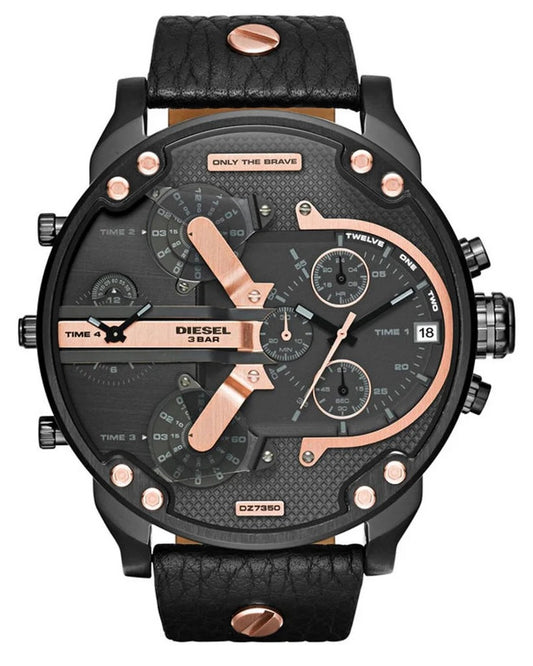 Front view of the oversized Diesel DZ7350 Mr. Daddy 2.0 men's watch featuring a black textured dial, rose gold-tone accents, and a black leather strap.