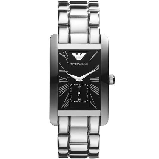 Front view of Emporio Armani AR0156 men's rectangular watch with stainless steel silver strap and black dial