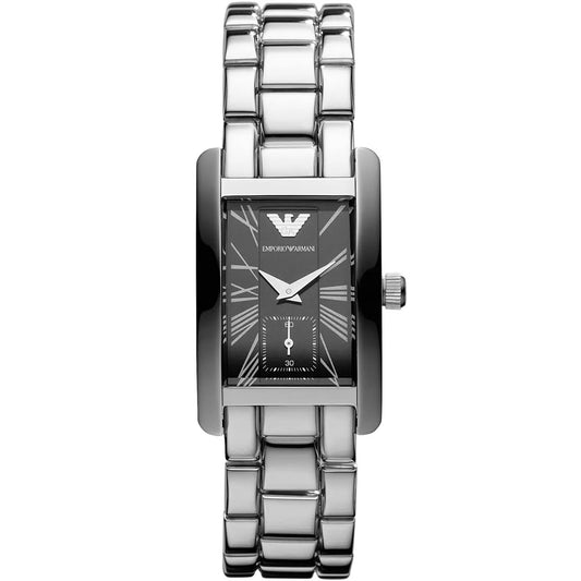 Front view of Emporio Armani AR0157 women's watch with stainless steel silver strap and black dial