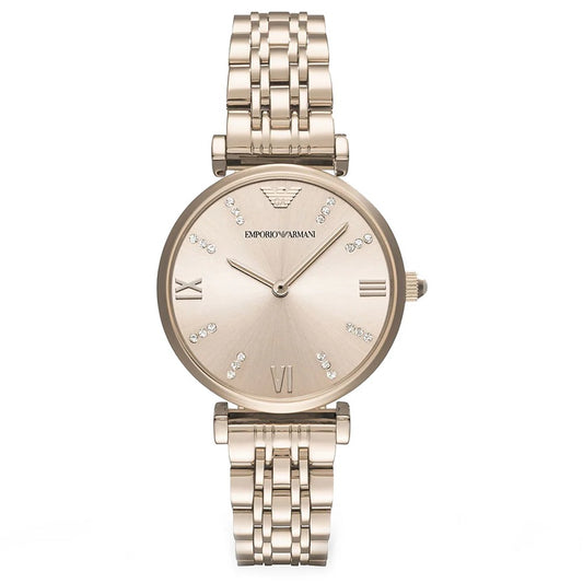 Front view of Emporio Armani AR11059 Gianni T-Bar women’s watch with gold dial and rose gold blush strap