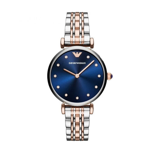 Front view of Emporio Armani AR11092 Gianni T-Bar women’s watch with blue dial and two-tone strap
