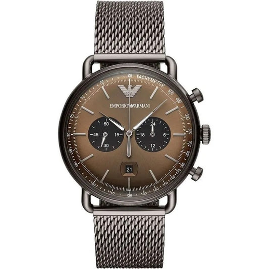Close-up of the Emporio Armani AR11141 watch showing the detailed brown chronograph dial and silver-tone hands