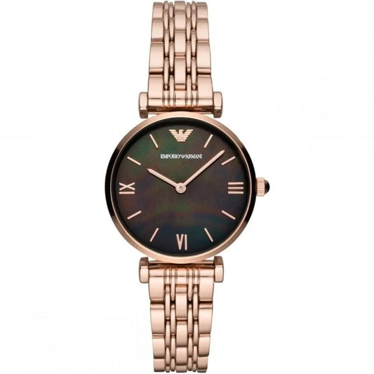 Front view of Emporio Armani AR11145 Gianni T-Bar women’s watch with black dial and rose gold strap