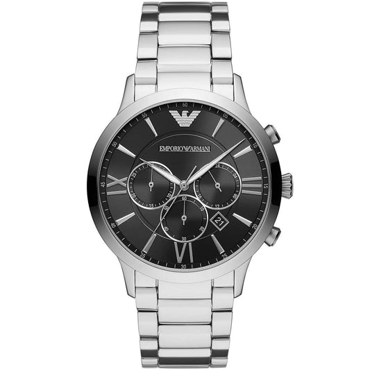 Front view of Emporio Armani AR11208 Giovanni men’s watch with sleek black dial and silver bracelet