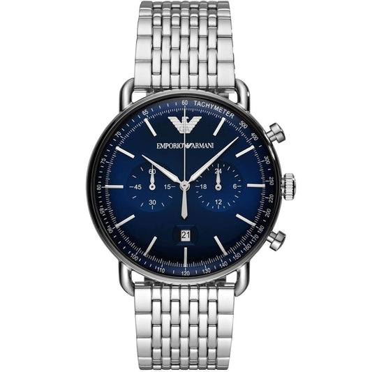 Front view of Emporio Armani AR11238 men’s watch with deep blue dial and silver strap