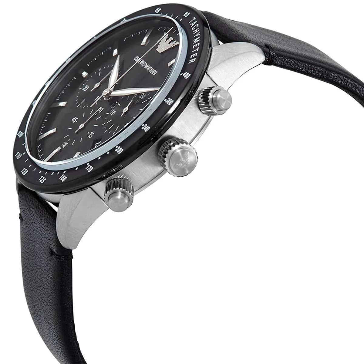 Angled view of Emporio Armani AR11243 highlighting elegant black design