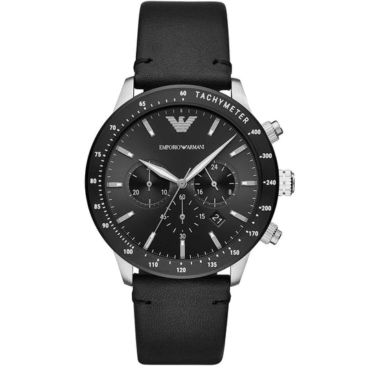 Front view of Emporio Armani AR11243 men’s watch with black dial and leather strap