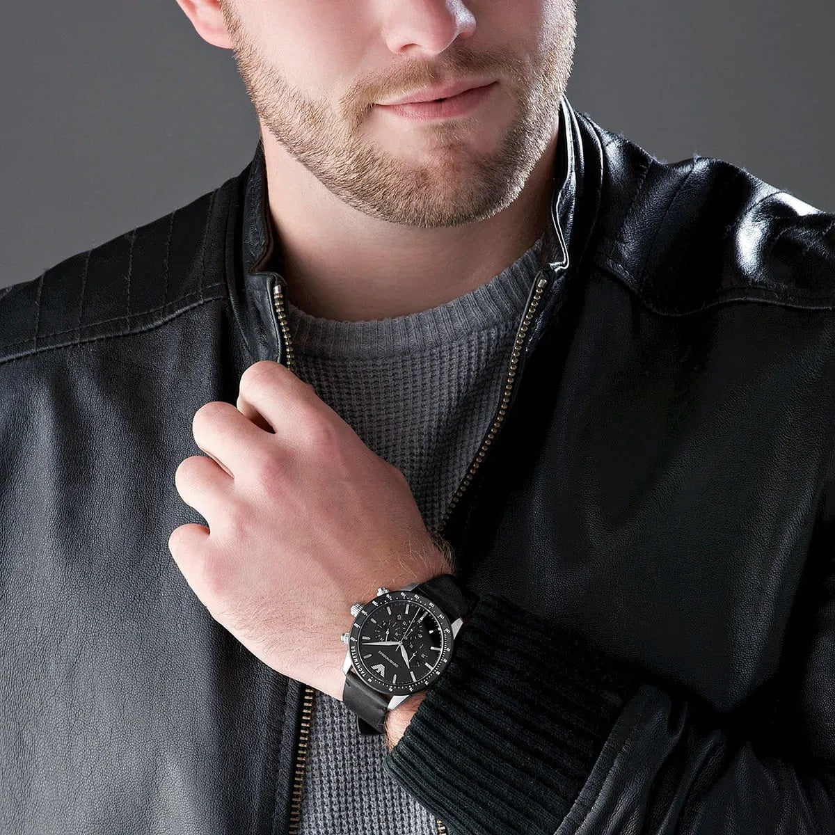 Full wrist view of Emporio Armani AR11243 Mario watch with black leather strap