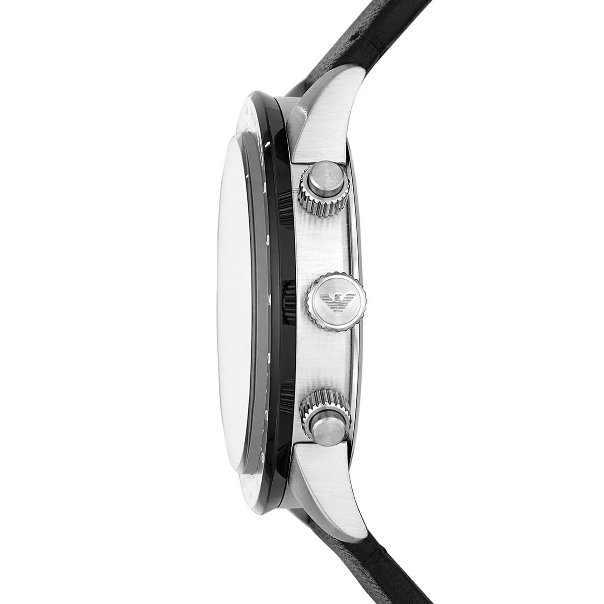 Side profile of Emporio Armani AR11243 showing black case and leather band