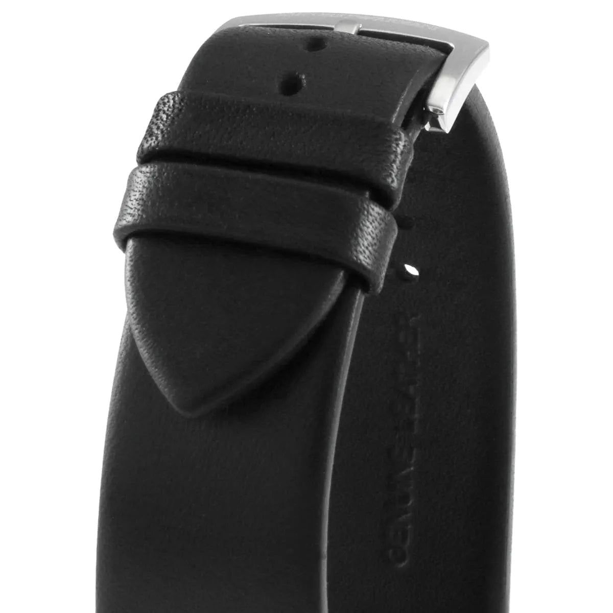 Detail view of the smooth black leather strap on Emporio Armani AR11243 watch
