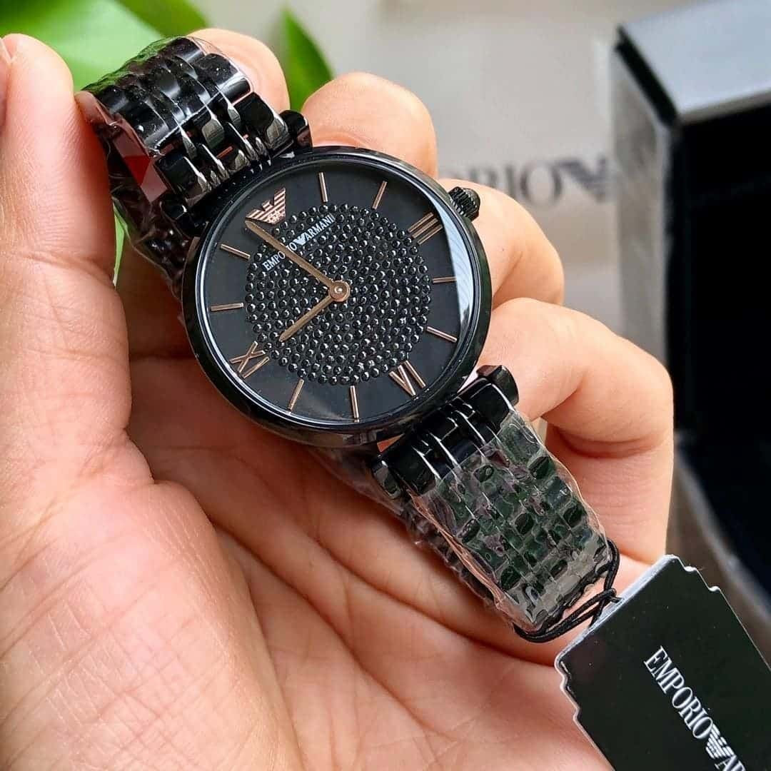 Emporio Armani AR11245 Gianni T-Bar women’s watch with black stainless steel strap and pavé crystal black dial