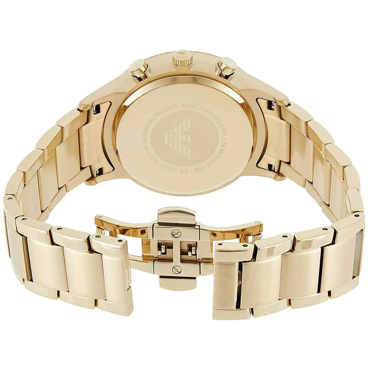 Back view of Emporio Armani AR11332 with stainless steel gold bracelet and opened clasp