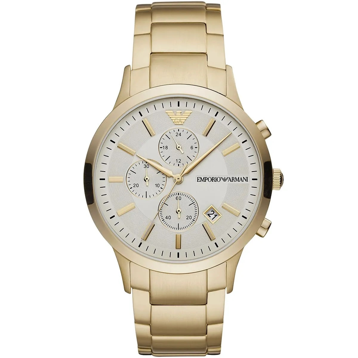 Front view of Emporio Armani AR11332 men’s watch with elegant silver dial and gold strap