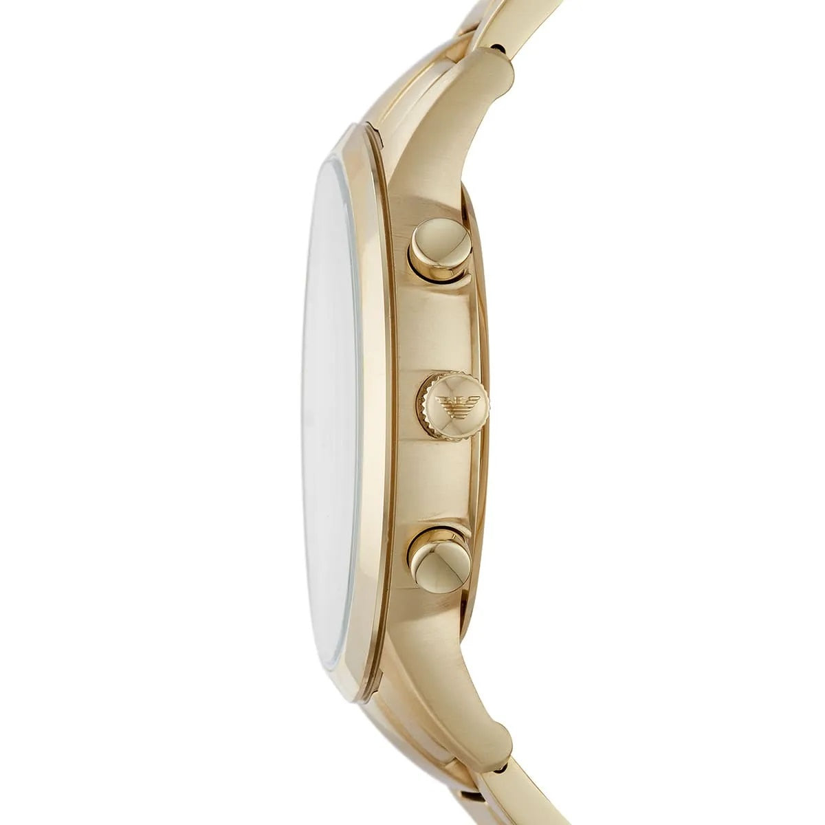 Side profile of Emporio Armani AR11332 showing polished gold stainless steel strap