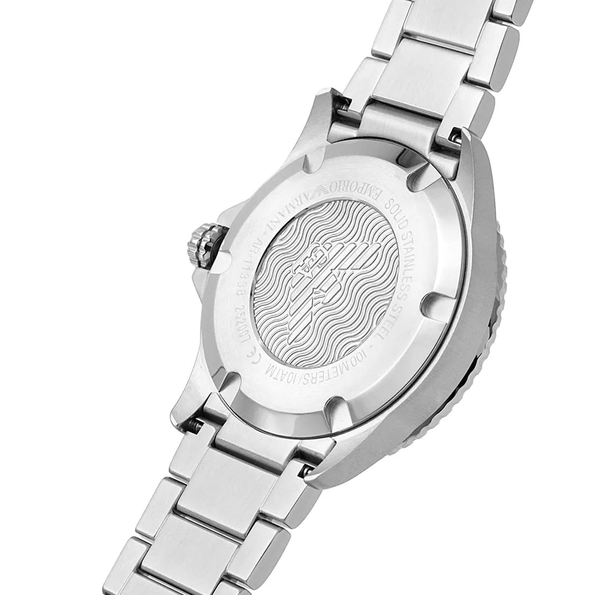 Back view of Emporio Armani AR11338 showing stainless steel strap