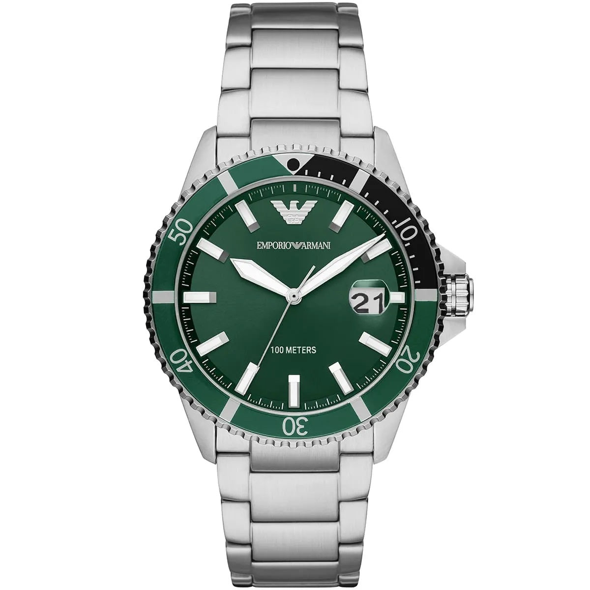Front view of Emporio Armani AR11338 with bold green dial and silver strap