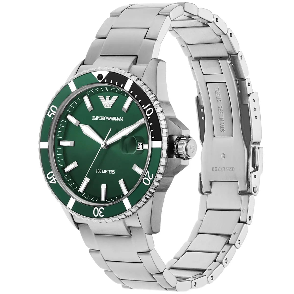 Emporio Armani AR11338 men’s diver watch with stainless steel silver strap and green dial