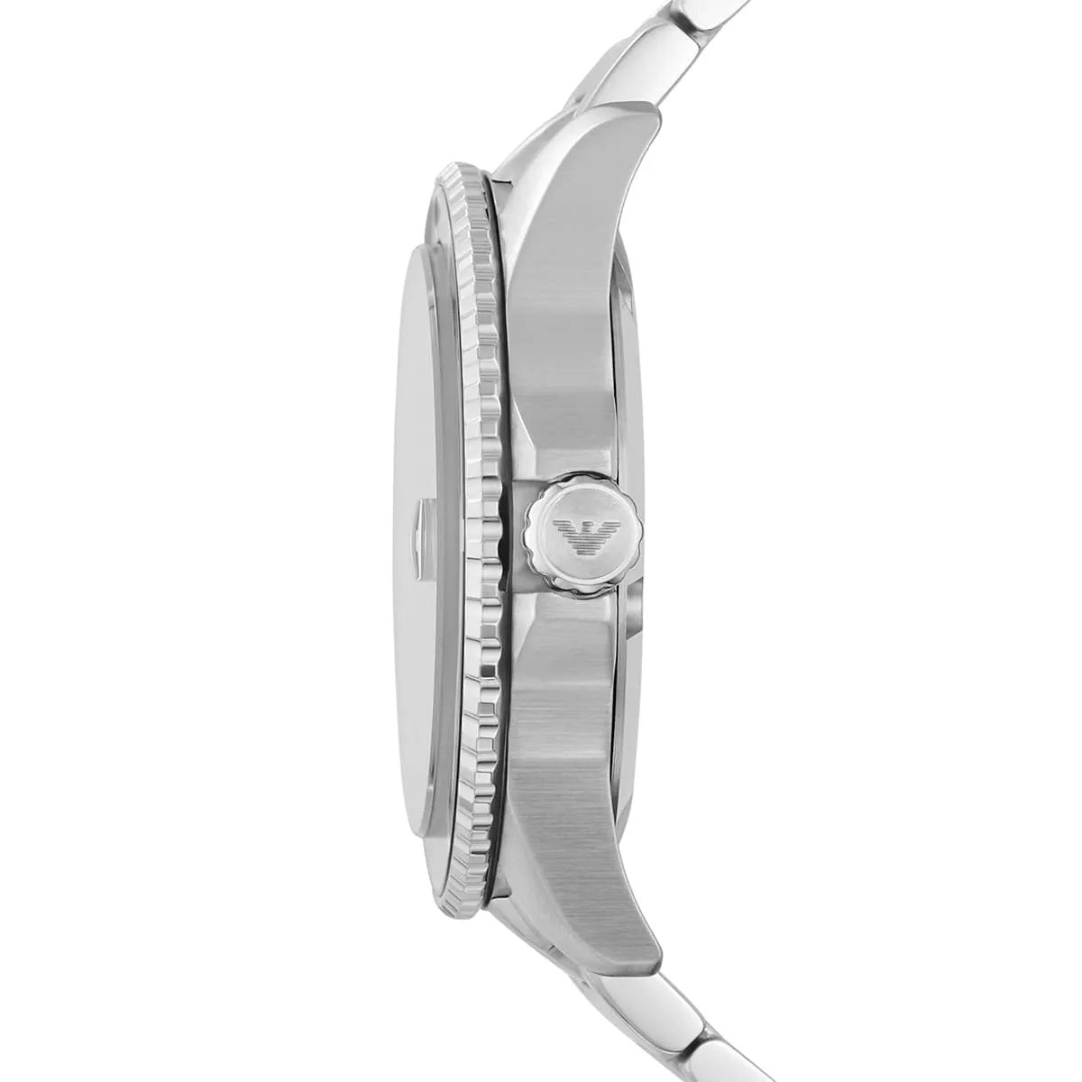 Side profile of Emporio Armani AR11338 showing polished stainless steel case and strap
