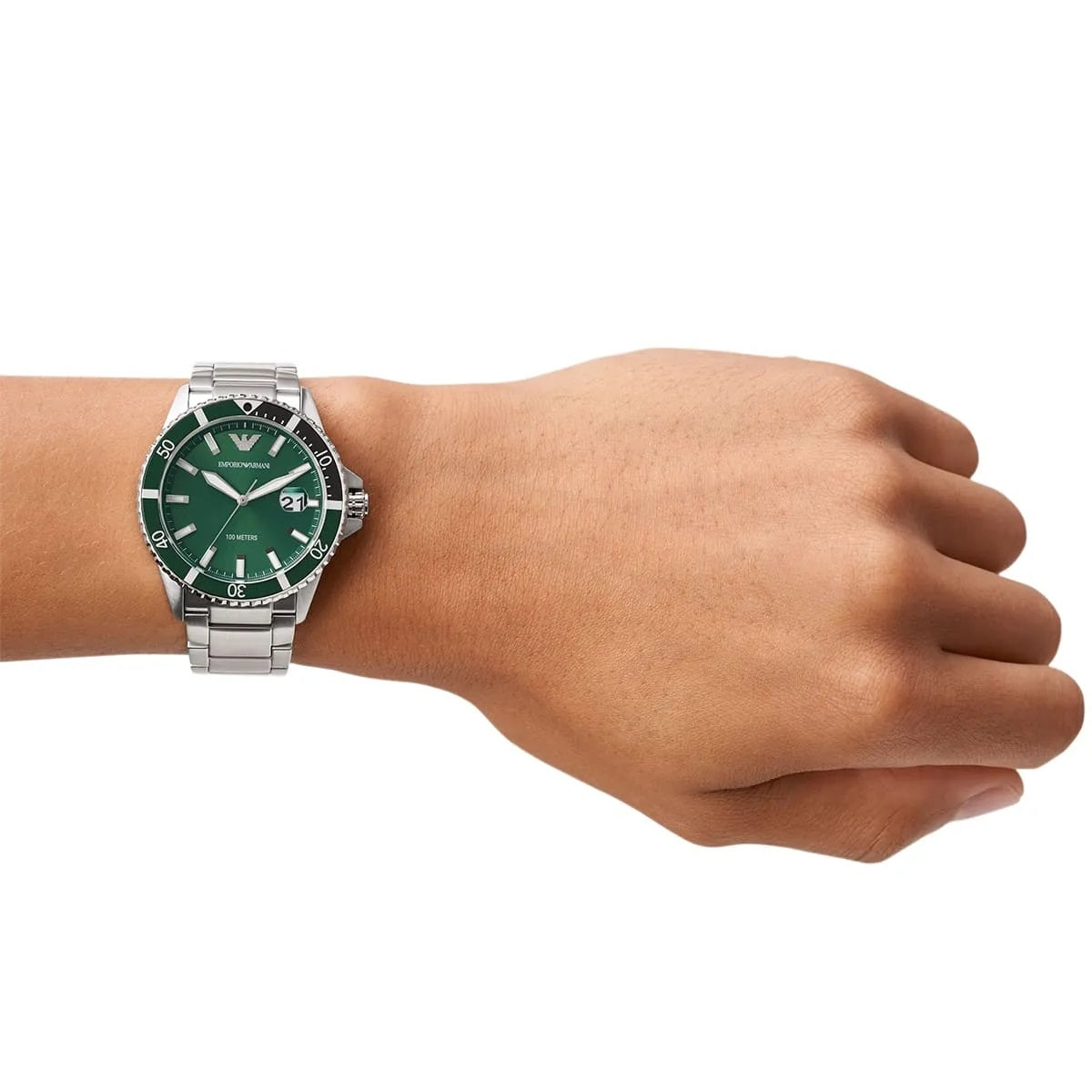 Emporio Armani AR11338 watch on male wrist with stainless steel strap and green dial