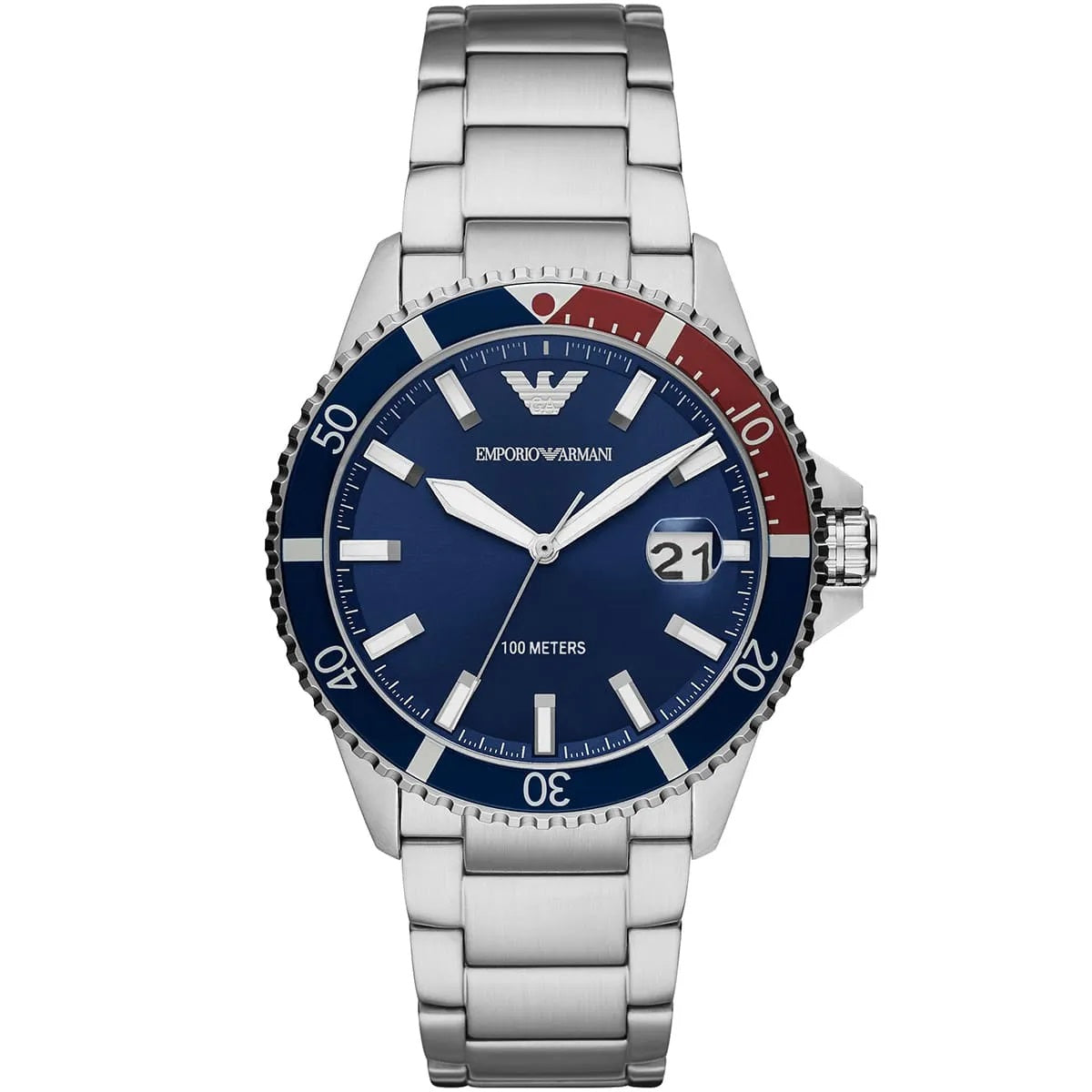 Front view of Emporio Armani AR11339 diver watch with bold blue dial and silver case