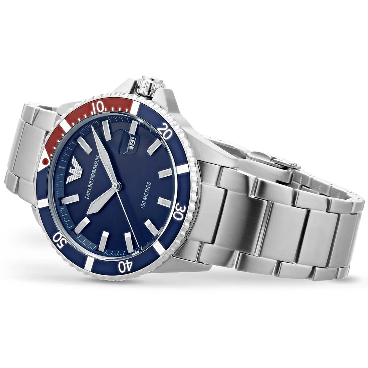 Emporio Armani AR11339 men's diver watch with stainless steel silver strap and deep blue dial
