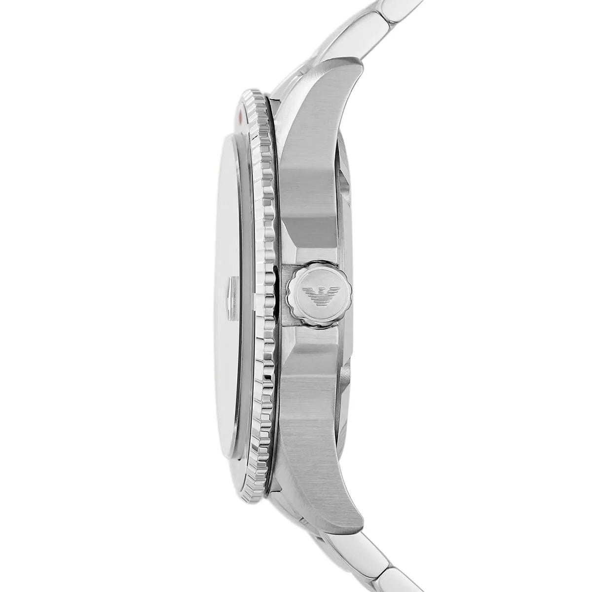 Side profile of Emporio Armani AR11339 featuring brushed stainless steel strap and diver bezel