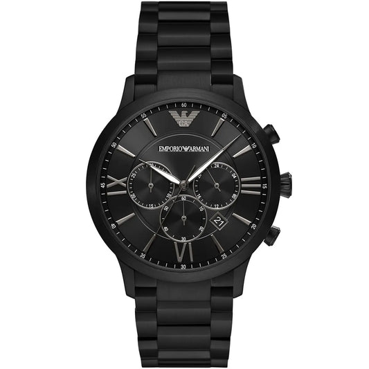 Front view of the Emporio Armani AR11349 Giovanni men's watch in all-black stainless steel with Roman numeral indices and chronograph sub-dials.