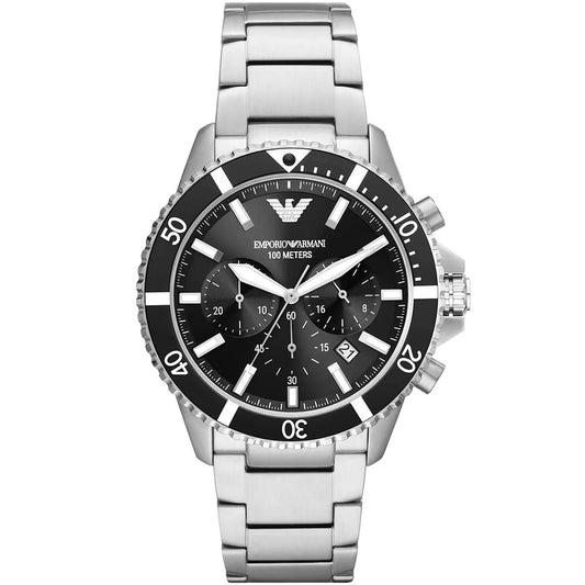 Front view of Emporio Armani AR11360 showcasing bold black dial and diver bezel