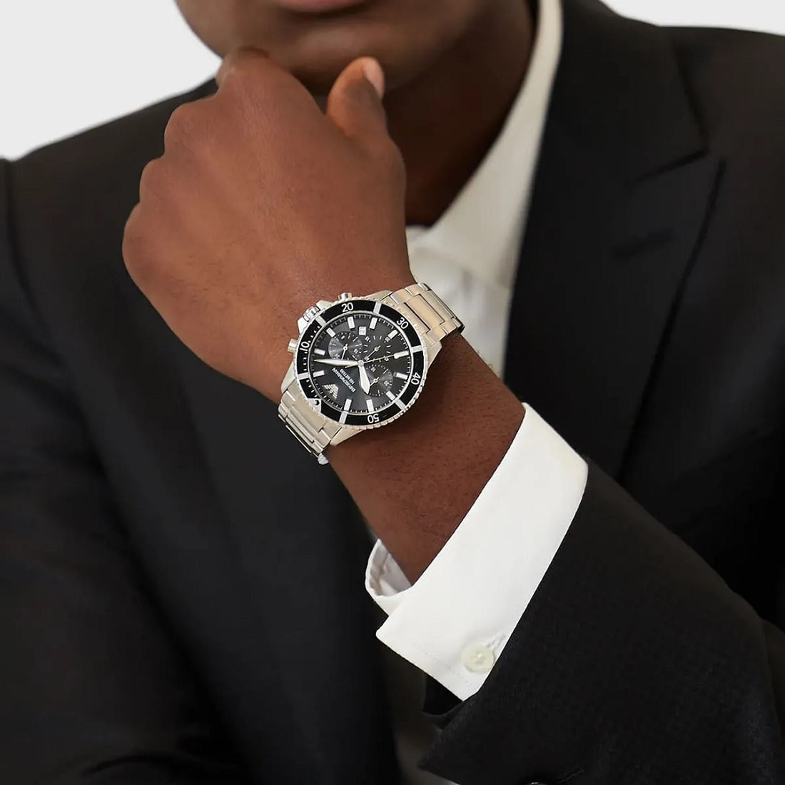 Wider wrist shot of Emporio Armani AR11360 showing full stainless steel bracelet and dial