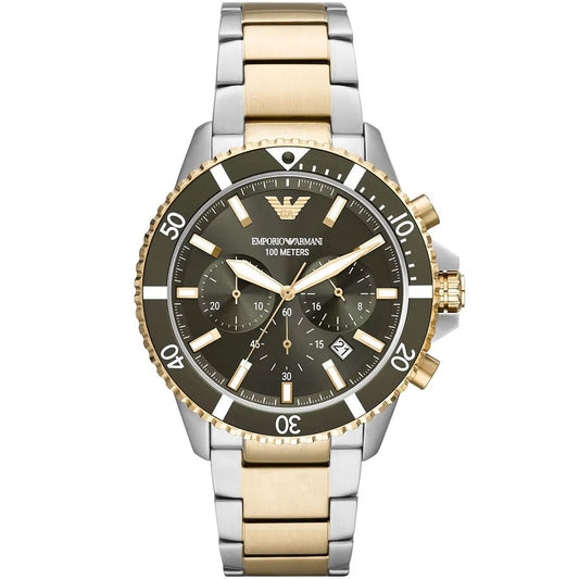 Front view of the Emporio Armani AR11361 men's diver watch featuring a green dial, two-tone silver and gold stainless steel bracelet, and chronograph sub-dials.