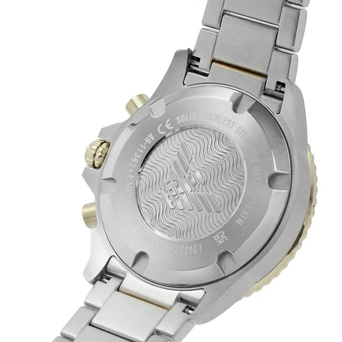 Back view of Emporio Armani AR11362 featuring two-tone strap and branded caseback
