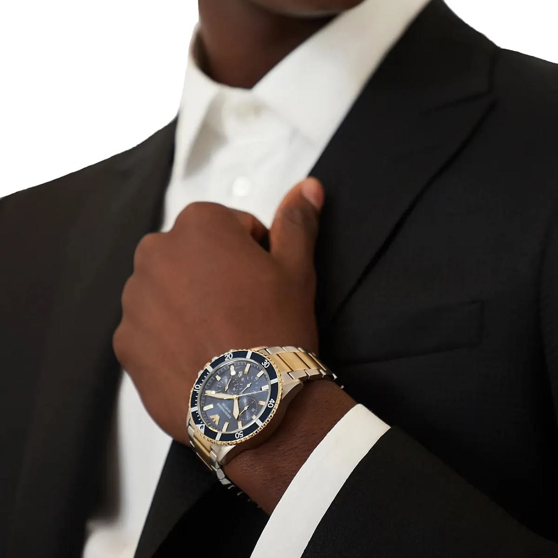 Wider wrist shot of Emporio Armani AR11362 showing full silver and yellow gold strap