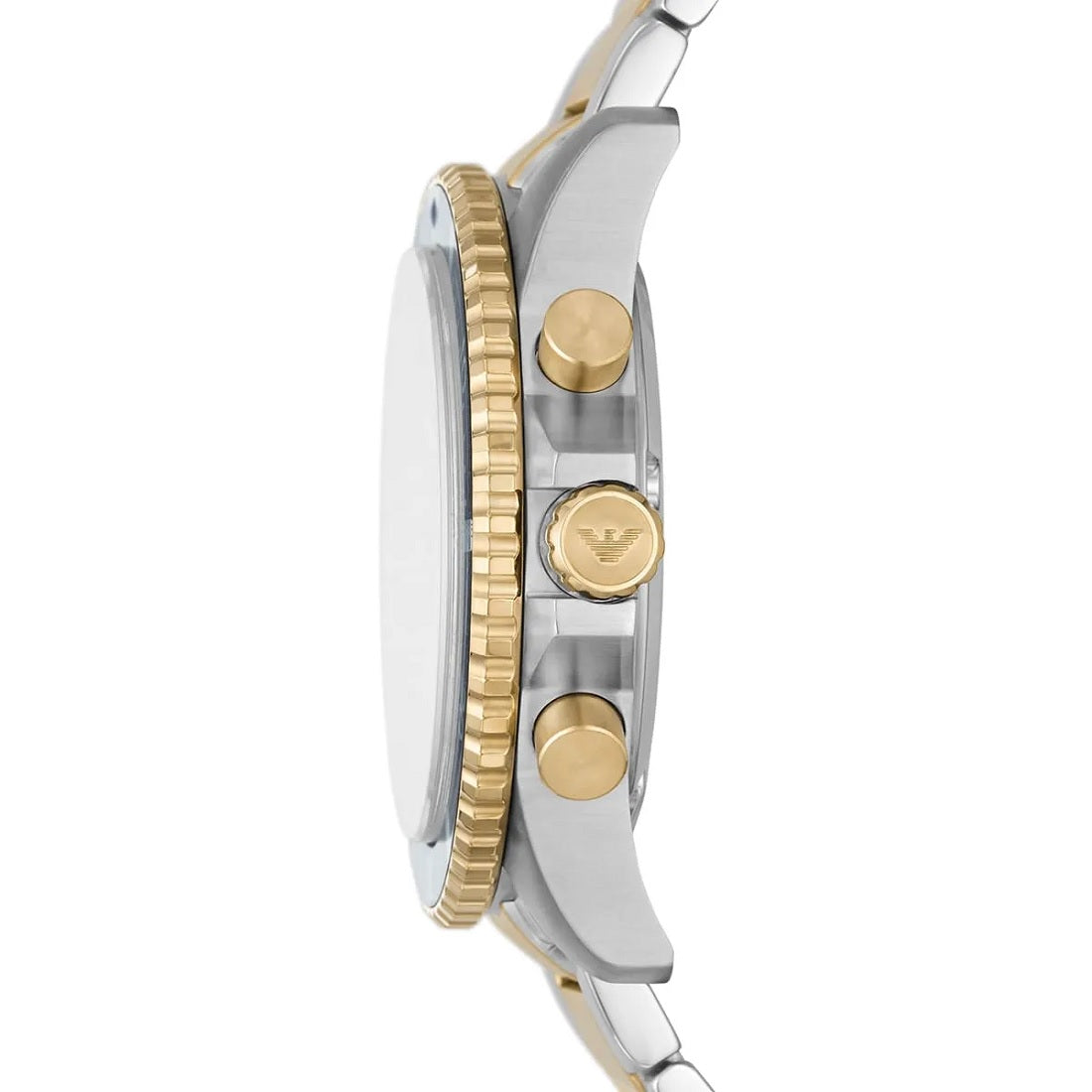 Side profile of Emporio Armani AR11362 with stainless steel and gold-tone bracelet