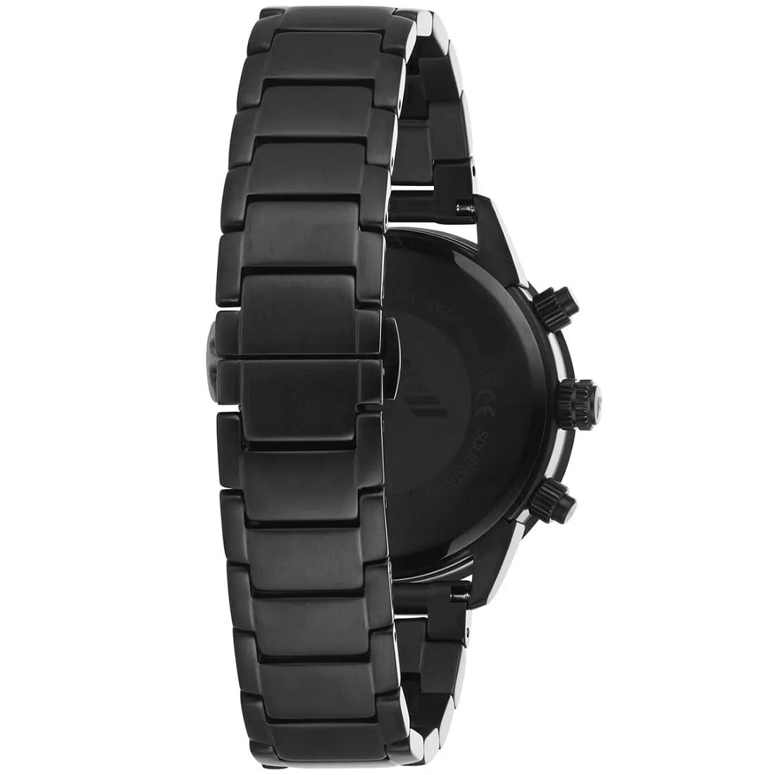 Back view of Emporio Armani AR11472 with polished caseback and durable black strap