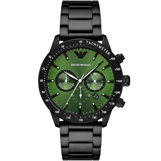 Front view of Emporio Armani AR11472 featuring vibrant green dial and black strap