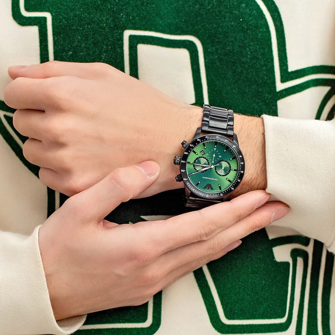 Emporio Armani AR11472 with green dial and black strap worn on wrist for a stylish look