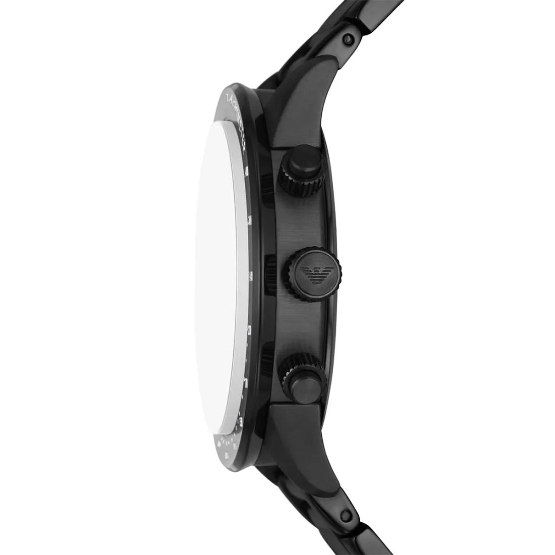 Side profile of Emporio Armani AR11472 showcasing stainless steel black strap and green dial