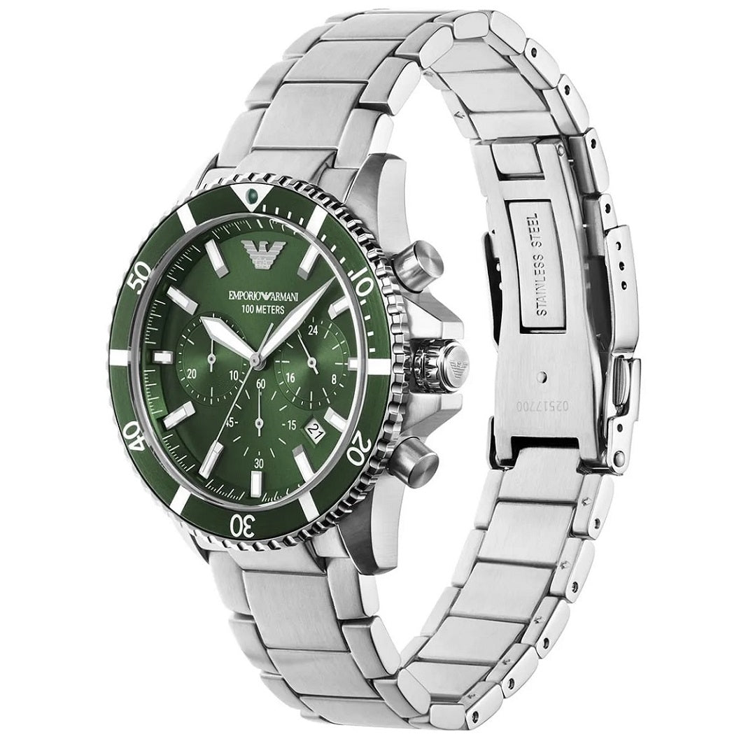 A 45-degree angle view of the Emporio Armani AR11500 diver watch, showing the green dial and the side profile of the stainless steel case.