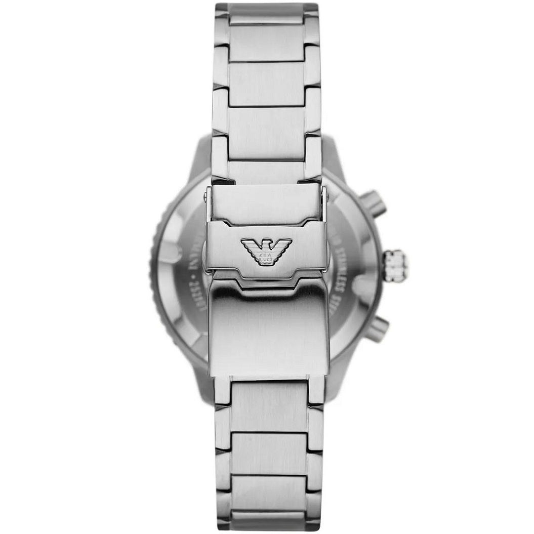 View of the back of the Emporio Armani AR11500 men's watch, showing the engraved stainless steel caseback