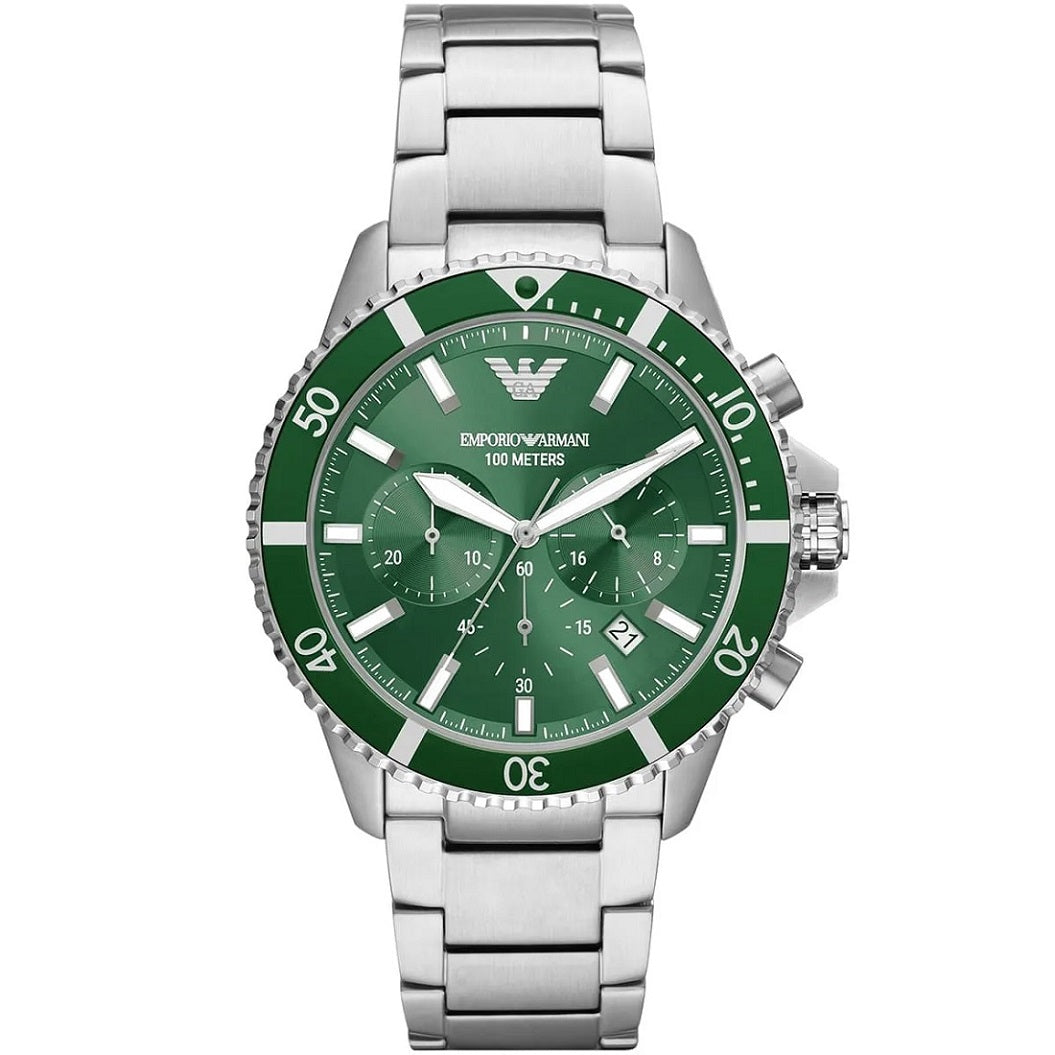 Emporio Armani AR11500 men's diver watch with a green chronograph dial and silver stainless steel strap, front view.