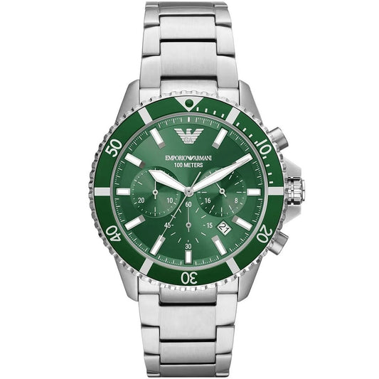Emporio Armani AR11500 men's diver watch with a green chronograph dial and silver stainless steel strap, front view.