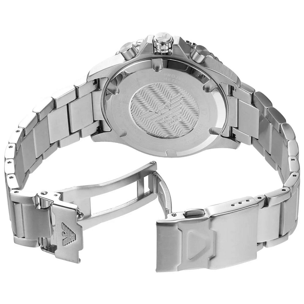 Detailed view of the Emporio Armani AR11500 watch's deployment clasp on the stainless steel bracelet.