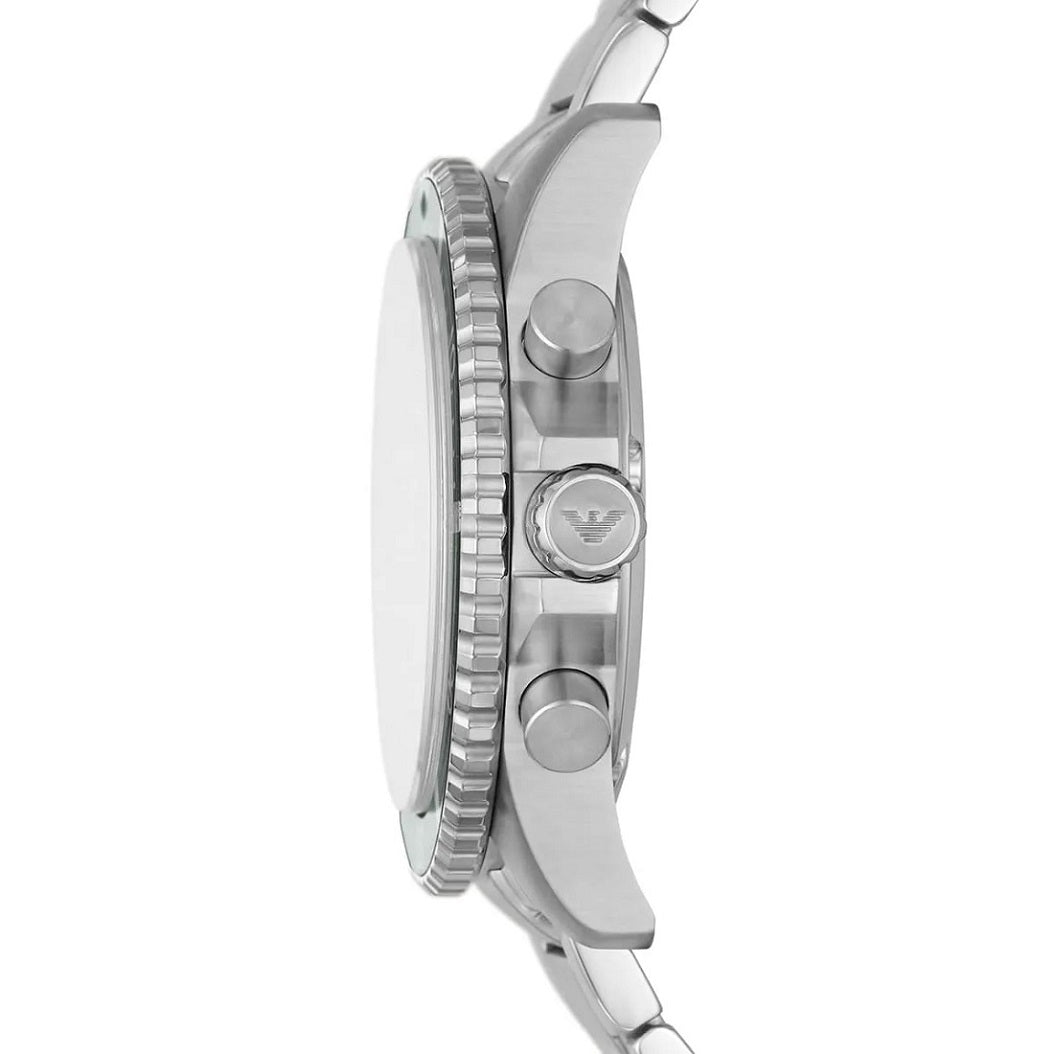 ide profile view of the Emporio Armani AR11500 stainless steel case, highlighting the crown and pushers.